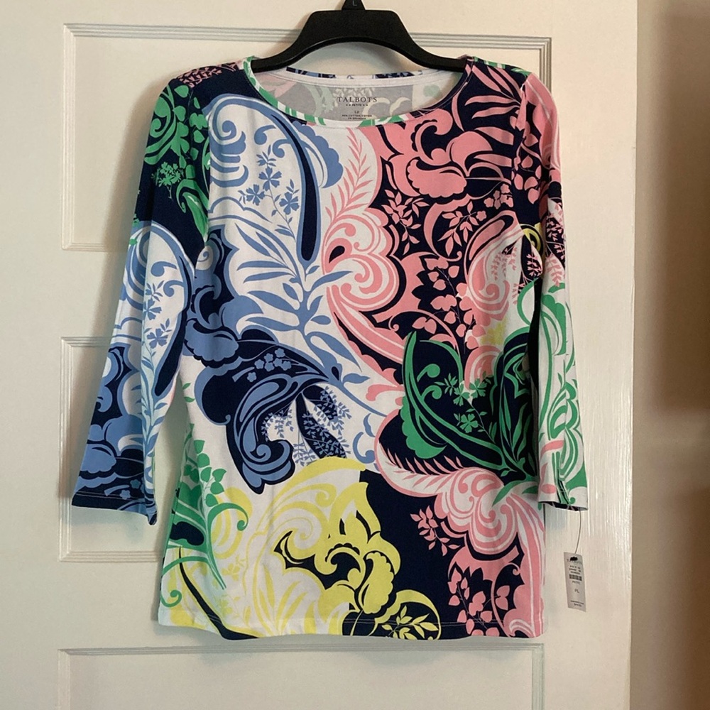 NWT Talbots Tee 3/4 Sleeve Cotton Stretchy Fitted Top Spring